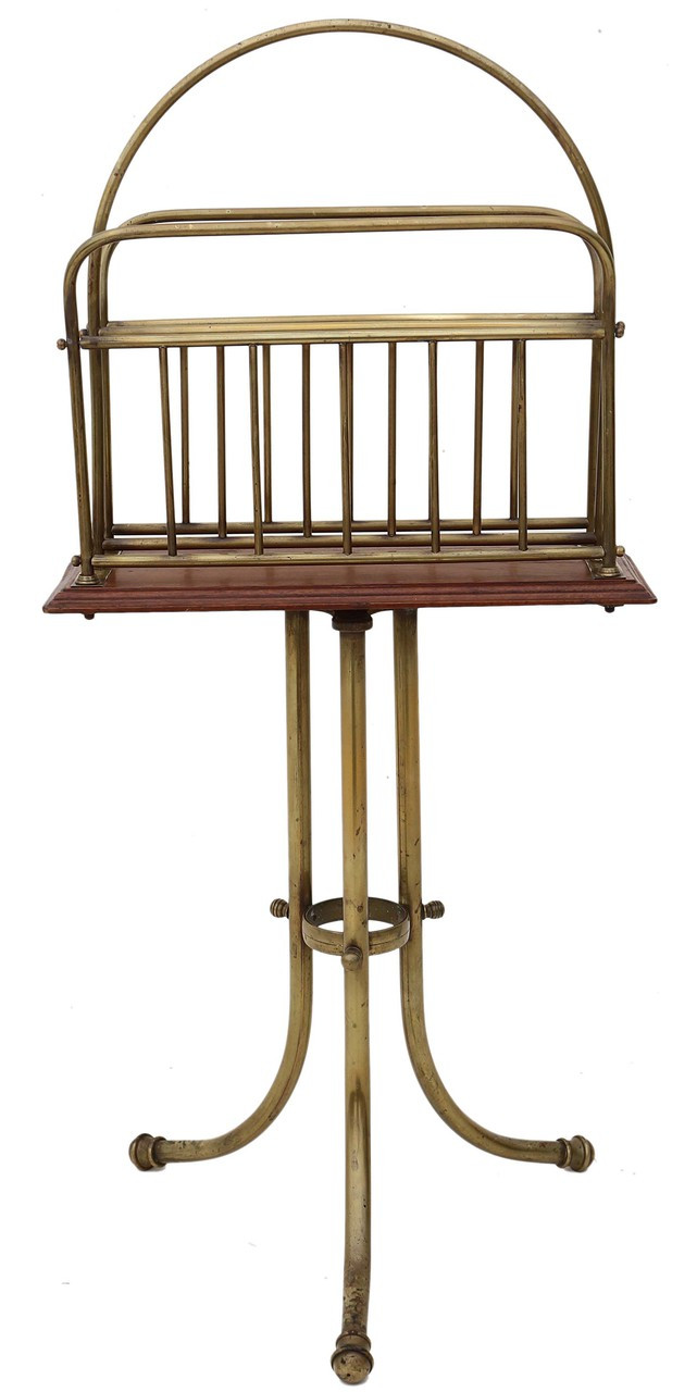 Antique Victorian C1890 brass walnut Canterbury magazine rack newspaper