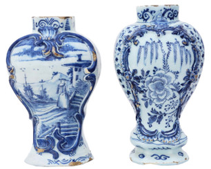 Antique matched pair 18th Century Blue & White Delft vases