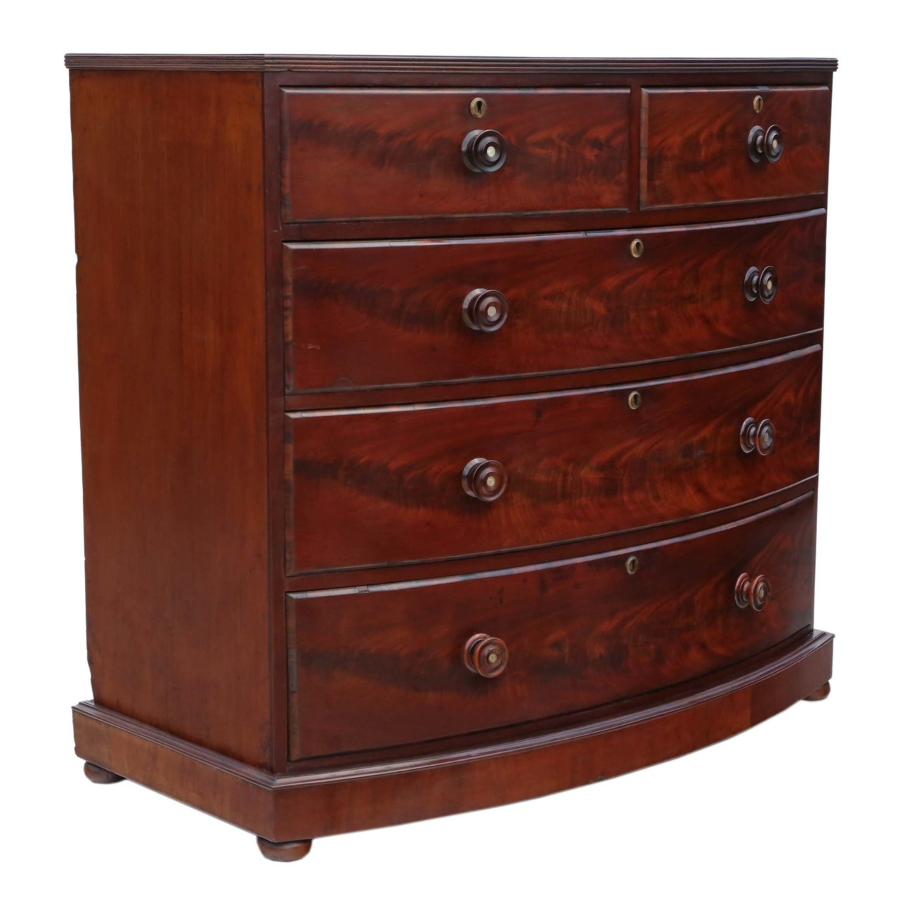 Antique Victorian Flame Mahogany Bow Front Chest Of Drawers