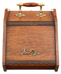 Antique C1920 oak and brass coal scuttle box perdonium