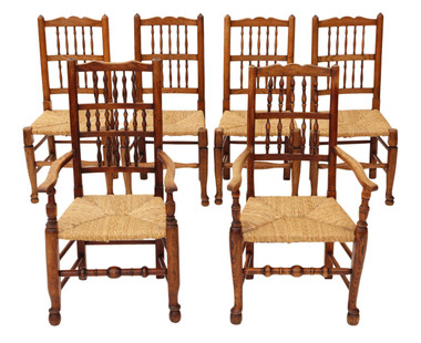 Antique set of 6 (4+2) Victorian Lancashire elm kitchen dining chairs