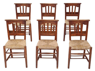 Antique set of 6 Victorian C1900 beech & ash chapel kitchen dining chairs