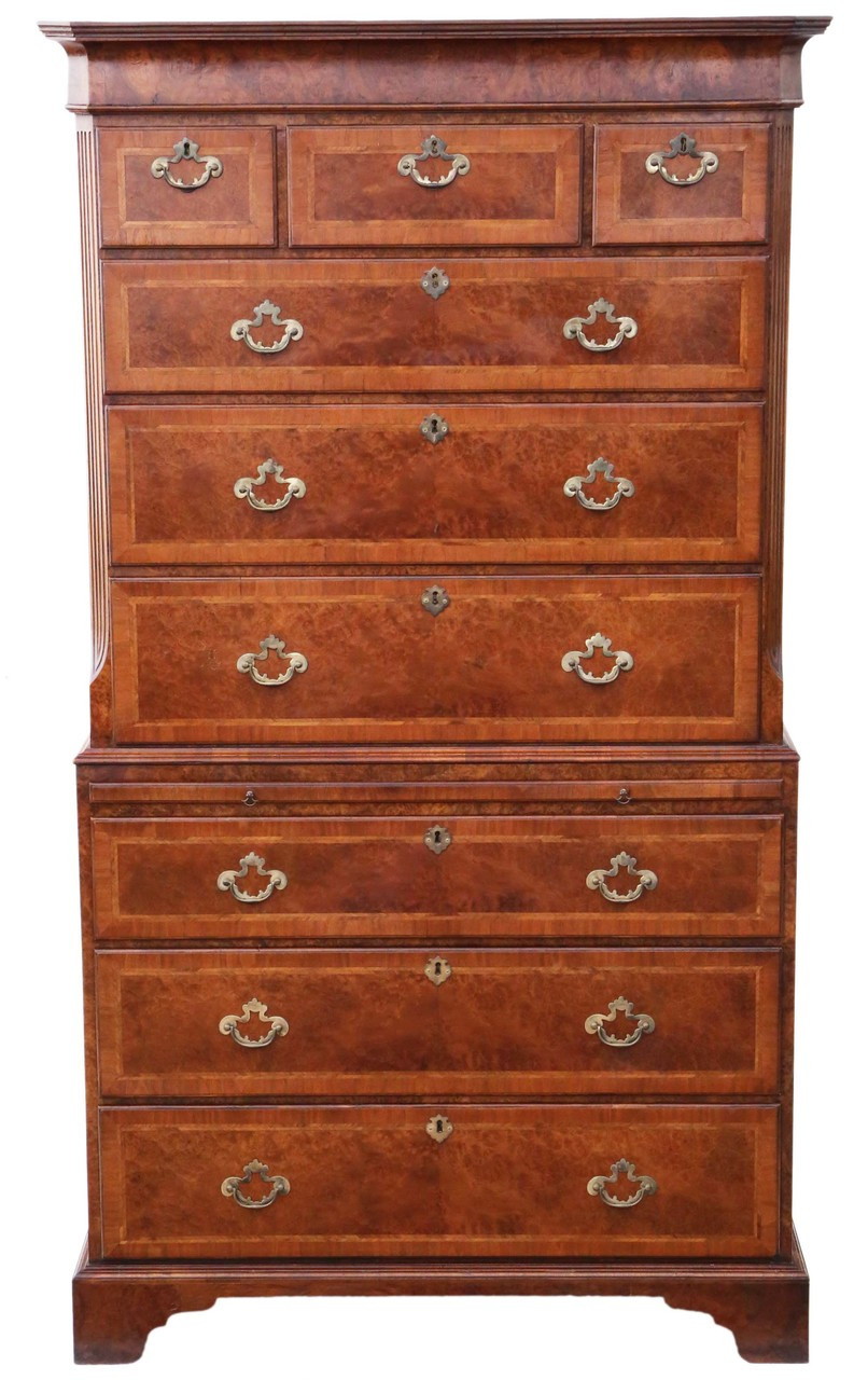 Antique Georgian Burr Walnut Tallboy Chest On Chest Of Drawers