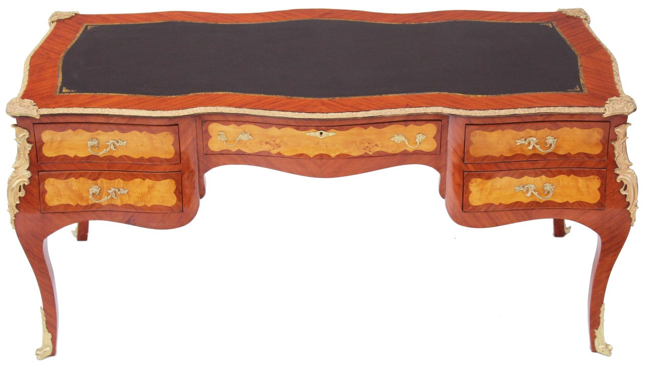 Antique French Bombe Bureau Plat Kingwood Maple Desk Writing Table