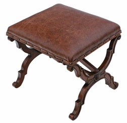Antique rare quality Victorian walnut leather x-frame stool seat foot