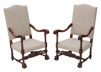 Antique quality pair of Charles II revival oak armchairs C1900