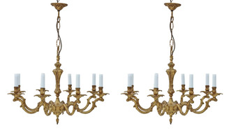 Pair of large vintage 8 lamp arm brass ormolu chandeliers antique FREE DELIVERY