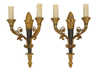 Antique pair of 2 lamp ormolu brass and ebonized wall lights FREE DELIVERY