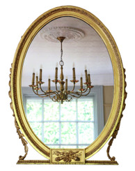 Antique large fine quality gilt oval overmantle or wall mirror C1900