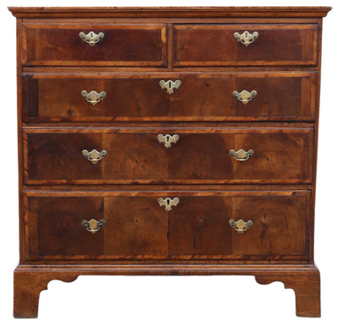 Antique Georgian 18C oyster walnut and fruitwood chest of drawers