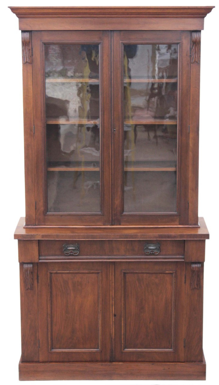 Antique Victorian 19c Walnut Chiffonier Glazed Bookcase Cupboard