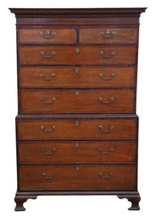 Antique fine quality Georgian crossbanded oak tallboy chest on chest of drawers