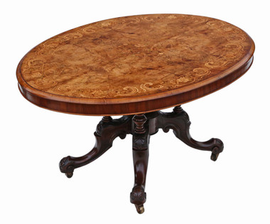 Antique fine quality Victorian burr walnut marquetry oval loo breakfast table tilt top