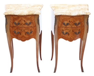 Antique fine quality pair of French marquetry bedside tables cupboards marble