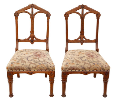 Antique quality pair of Gothic oak side hall bedroom chairs C1880