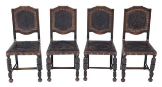 Antique quality set of 4 19th Century Portugese oak and leather dining chairs