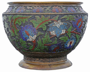 Antique large quality Oriental Japanese bronze champleve enamel Jardiniere planter bowl C1910 Meiji Period