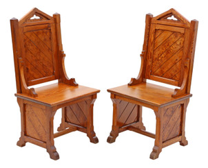 Antique quality pair of Gothic pitch pine throne side hall bedroom chairs C1900