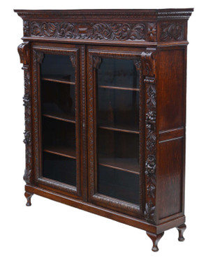 Antique large fine quality 19th Century carved oak glazed bookcase C1895