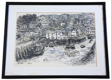 Large pen and wash Painting Artwork Polperro Harbour by Peter Ford C1960-70 Vintage Antique
