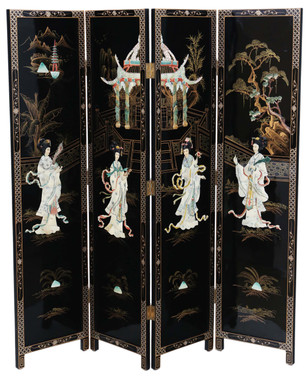 Antique large Chinoiserie black lacquer dressing screen room divider late 20th Century