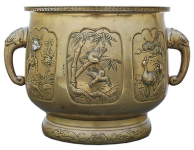 Antique vintage Oriental Japanese large bronze bowl planter jardinière C1925