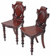 Antique pair of 19C Victorian carved mahogany hall side bedroom chairs