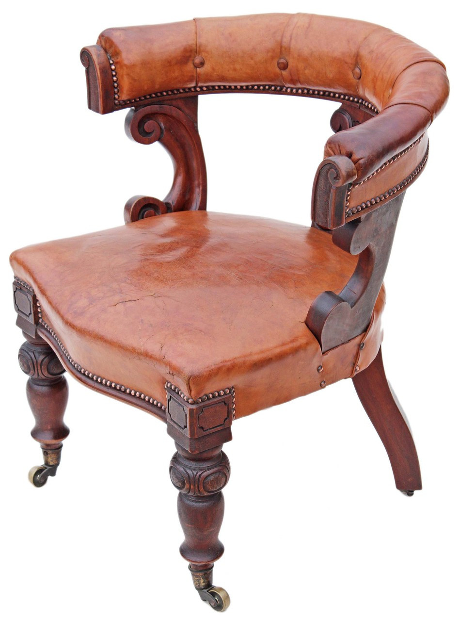 Antique Victorian 19c Walnut Leather Library Desk Tub Chair