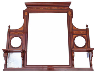 Antique large Victorian / Edwardian inlaid mahogany overmantle wall mirror