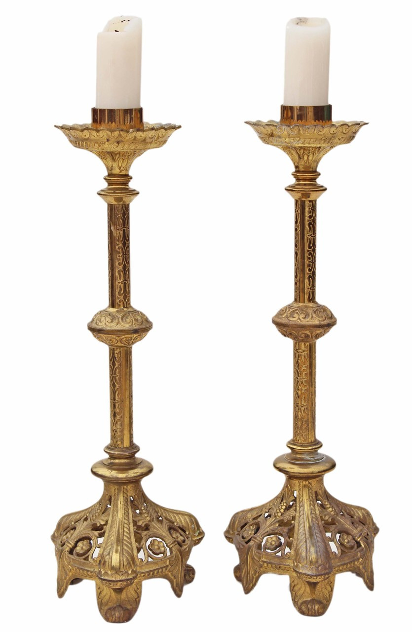 Antique Pair Church Floor Standing Ormolu Brass Candlesticks