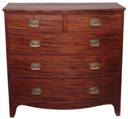 Antique Georgian 19C flame mahogany bow front crossbanded chest of drawers