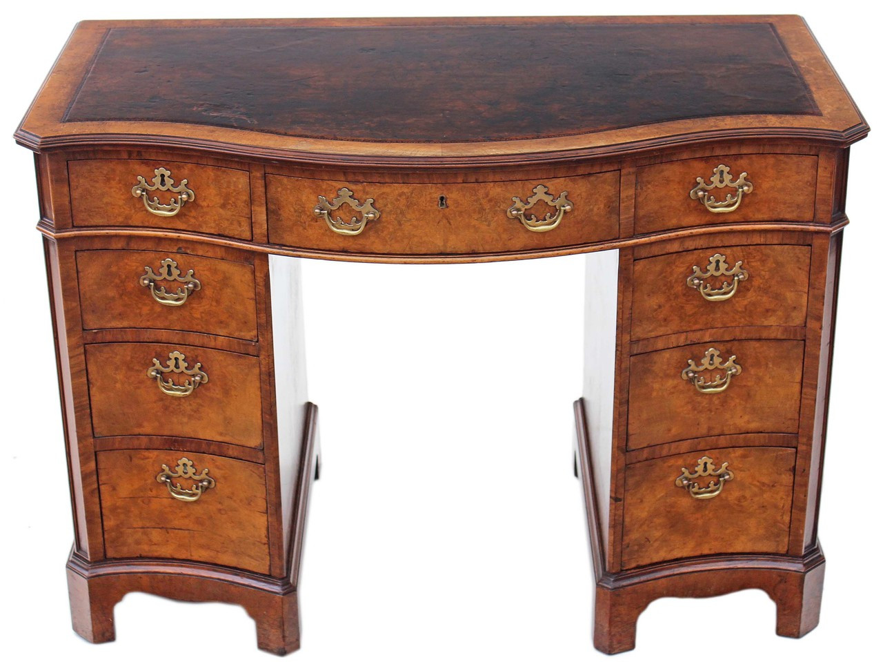 Antique Quality Maple Co Serpentine Burr Walnut Leather Desk