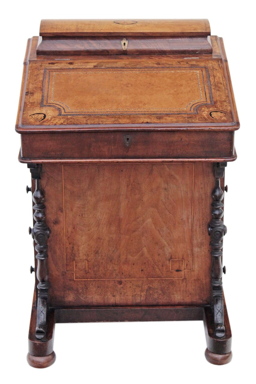 Antique Victorian Inlaid Burr Walnut Davenport Writing Table Desk