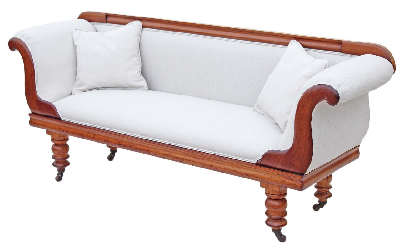 Antique Victorian Scroll Arm Sofa Chaise Longue Satin Walnut