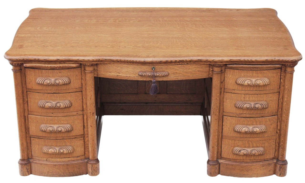 Antique Very Large Quality Panelled Golden Oak Twin Pedestal Desk