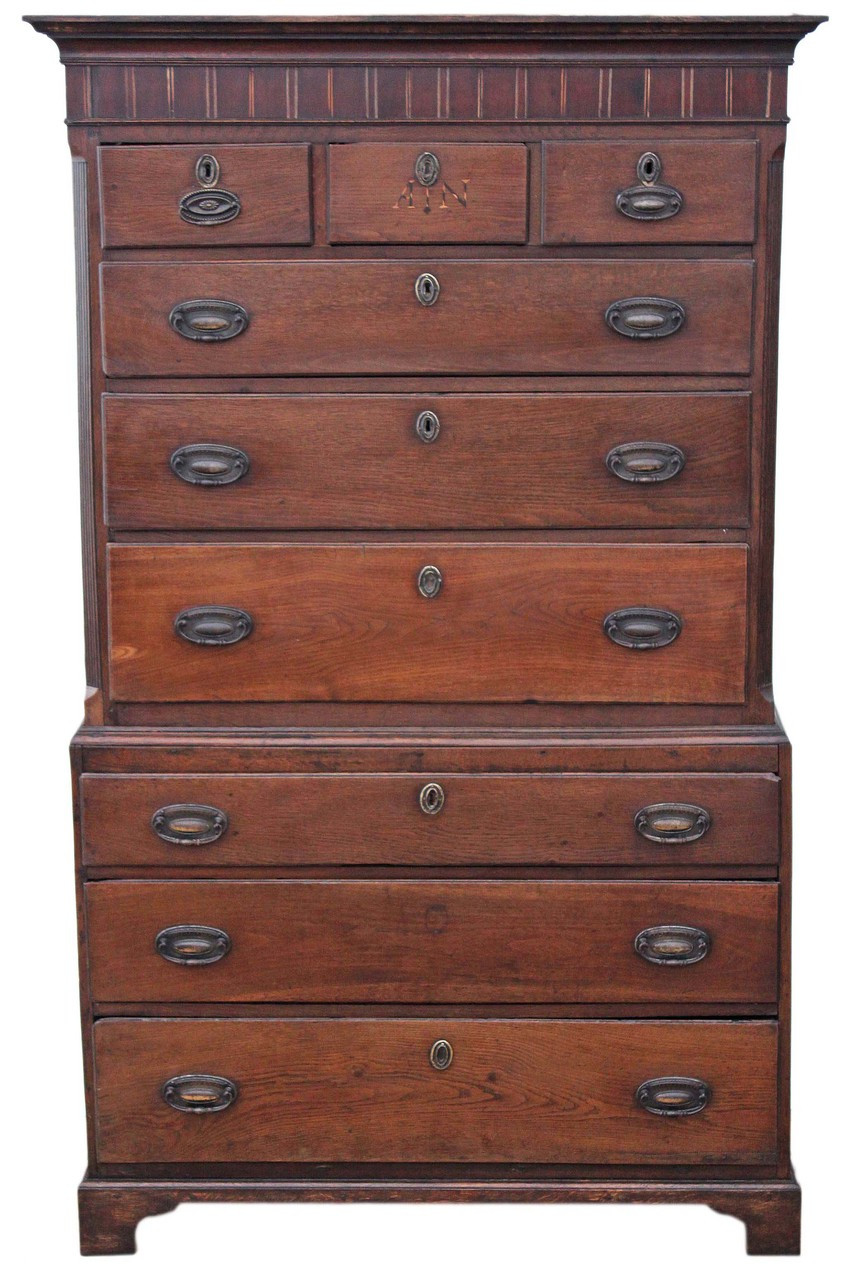 Antique Georgian 18c Oak Country Tallboy Chest On Chest Of Drawers
