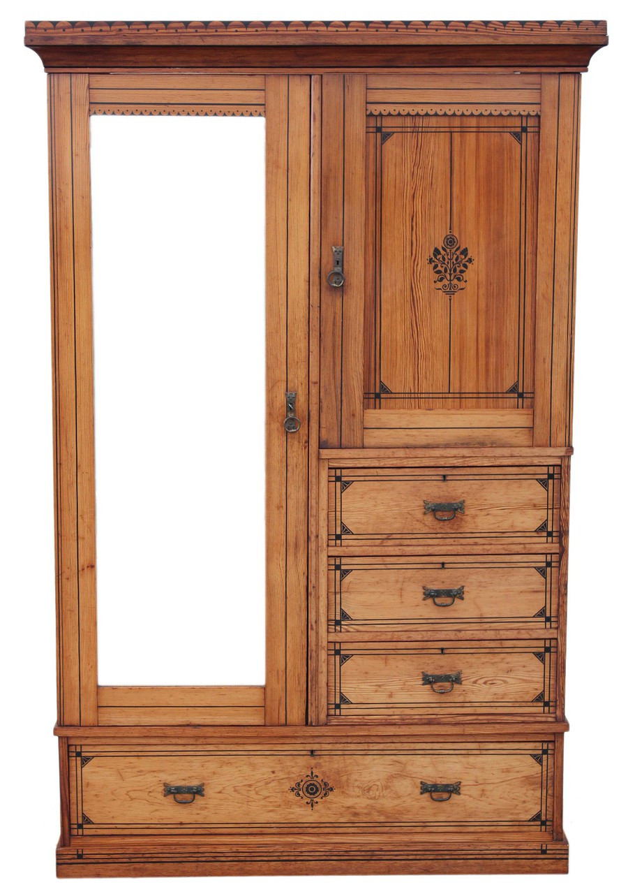 Antique Quality Victorian Aesthetic Pitch Pine Wardrobe Linen