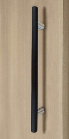 Pro-Line Series: Ladder Pull Handle - Back-to-Back, Matte Black Powder Coated / Brushed Satin Posts, 304 Grade Stainless Steel Alloy mockup on door