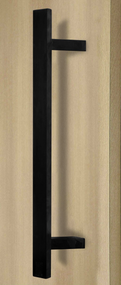 Offset Flat Bar Ladder Pull Handle - Back-to-Back (Black Powder Finish) mockup on wood door