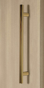 Pro-Line Series: Ladder Pull Handle - Back-to-Back, Polished Brass Finish, 304 Grade Stainless Steel Alloy mockup on door