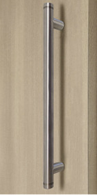 Pro-Line Series: Grooved Ladder Pull Handle - Back-to-Back, Brushed Satin US32D/630 Finish, 304 Grade Stainless Steel Alloy mockup on door