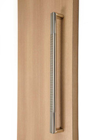 90º Pull Handle with Mitered Corners - Back-to-Back (Brushed Satin Grip / Polished Stainless Steel Ends / Stylish Dimples) mockup on wood door