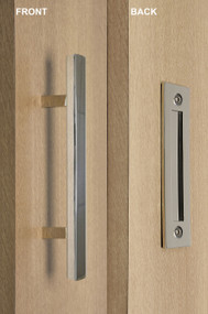 Barn Door Pull and Flush Square Door Handle Set (Polished Stainless Steel Finish) mockup on wood door