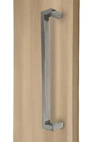 45º Offset 1" x 1.5" Rectangular Pull Handle - Back-to-Back (Polished Stainless Steel Finish) mockup on door