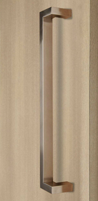 45º Offset 1" x 1.5" Rectangular Pull Handle - Back-to-Back (Brushed Satin Stainless Steel Finish) mockup on door