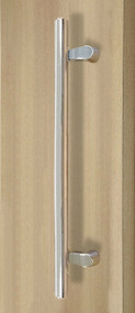 Pro-Line Series:  PostMount Offset Pull Handle - Back-to-Back, Polished US32/629 Finish, 316 Exterior Grade Stainless Steel Alloy mockup on door