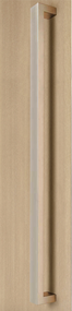 96" length, 1.5" x 1" Rectangular Pull Handle - Back-to-Back (Brushed Satin Stainless Steel Finish) mockup on wood door