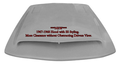 M-322 "NEW" 1967-1968 Ford Mustang Fiberglass Hood with SS Styling. This hood affords extra room under the hood for clearance for those higher manifolds or custom engines. 3 1/4" depth measurement at shock towers and 4 1/2" towards the back.