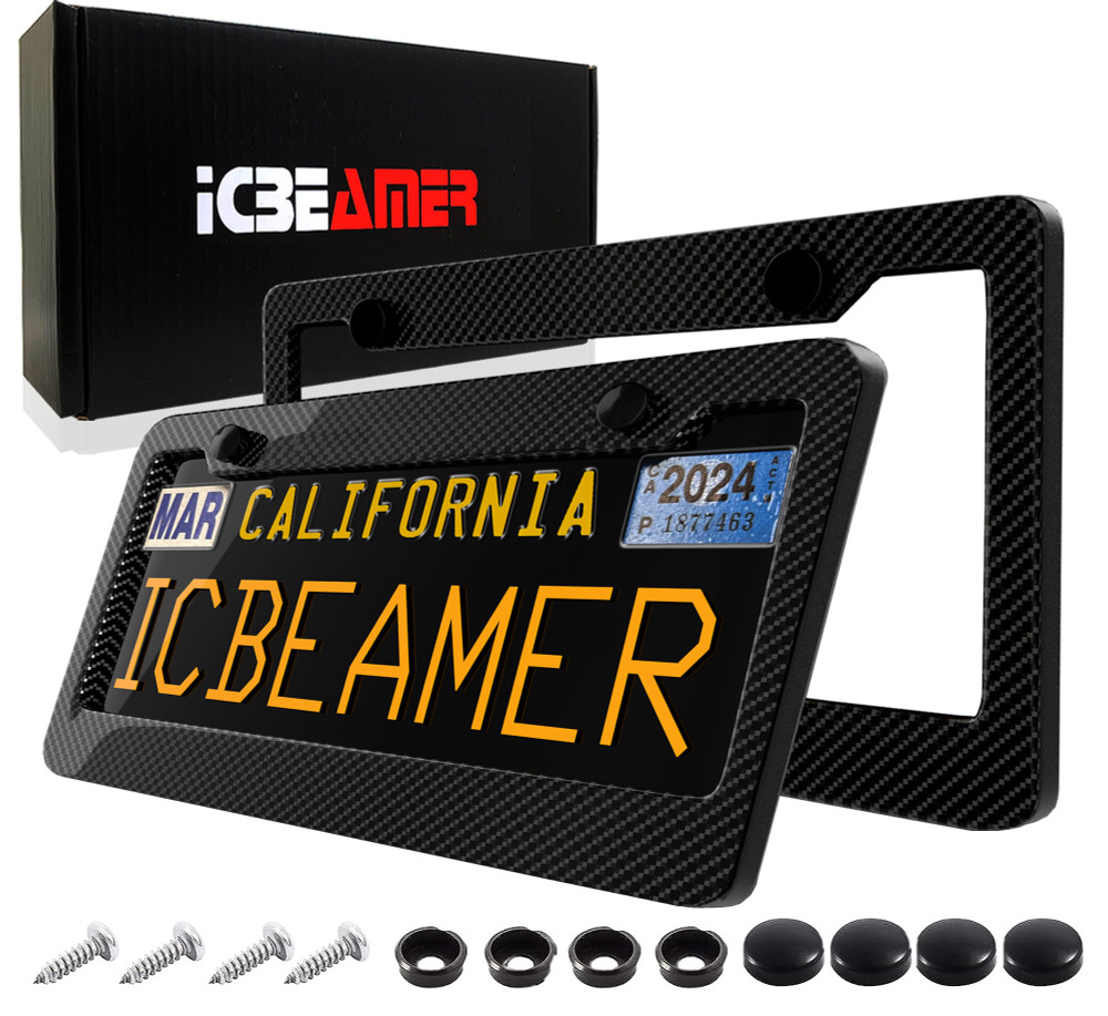 2 pcs Black Carbon Fiber Custom License Plate Tag Snap Fit Frames for