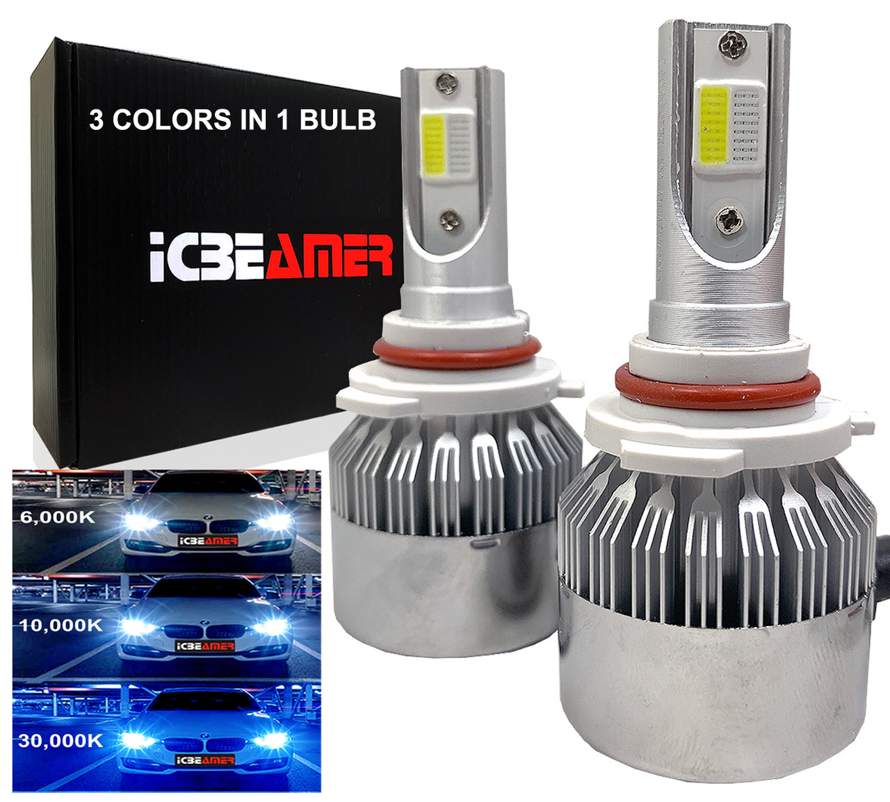 ICBEAMER 9006 HB4 Canbus COB LED Replace Halogen bulbs 3 colors in 1 Bulb  6000K White 10000K 30000K Dark Blue Headlight - ICBEAMER